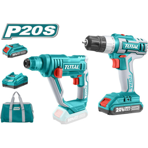 Total Σετ Δραπανοκατσάβιδο & Πιστολέτο 20V με 2 Μπαταρίες 2Ah και Θήκη