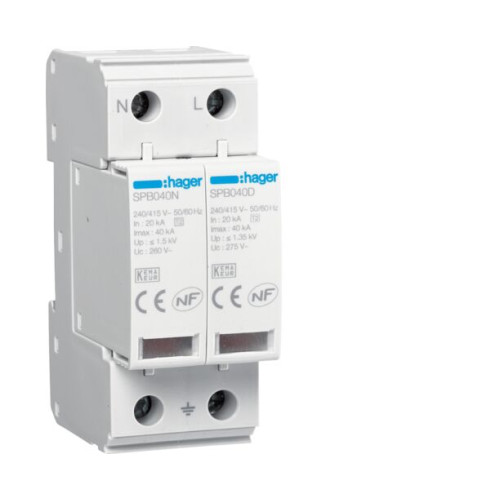 hager Απαγωγός Υπέρτασης T2 2P 40kA 1,35kV TT-TNS